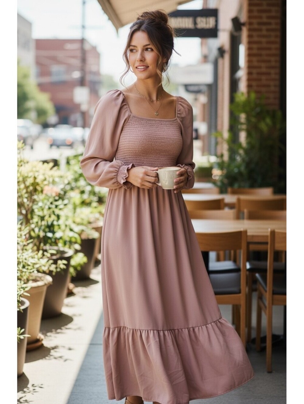 Flowy Gypsy Peasant Dress, Tan, Sz Med, Long Sleves, Elastic Bodice, Grannycore